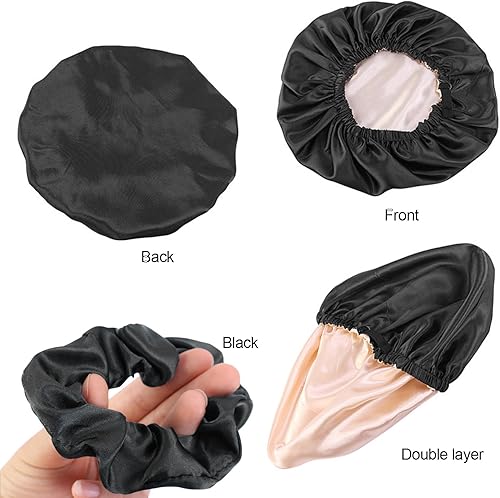 Miniatura 3 de Harewu Gorro de satén de seda para dormir, gorra grande ajustable de satén de seda para el cabello