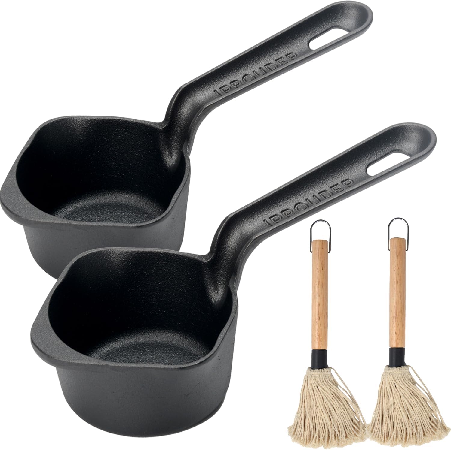 Cast Iron Sauce Pan and Basting Pot with BBQ Mop Brushes - Cast Iron Small Sauce Pots 2 Pcs for Grilling, Melting, Camping Cooking & Stoves - Mini Pot for Butter Melter