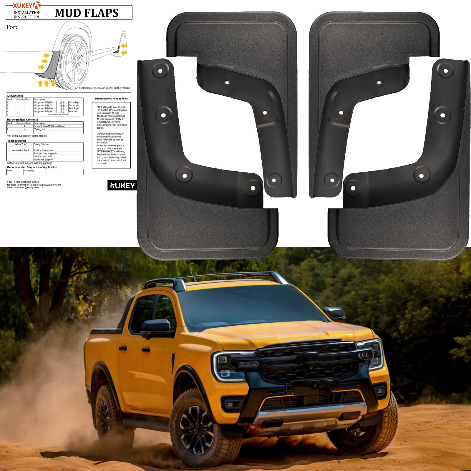 XUKEY 4 parafanghi paraspruzzi per Ford Ranger 2024 2025 parafanghi protezione per pneumatici posteriore anteriore accessori auto di ricambio