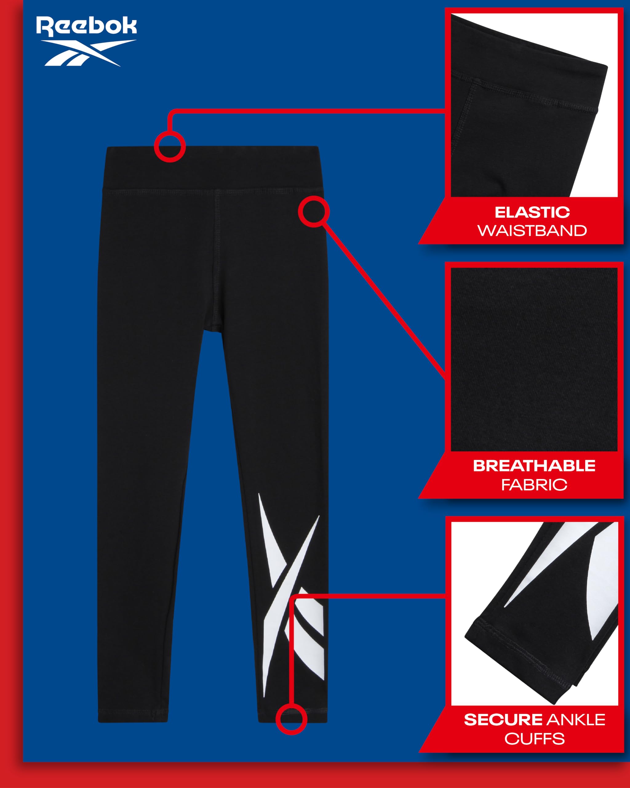 Reebok Leggings para niñas, leggings de algodón de rendimiento atlético, pantalones de yoga elásticos para niñas, mallas de baile (tallas: 7-12)