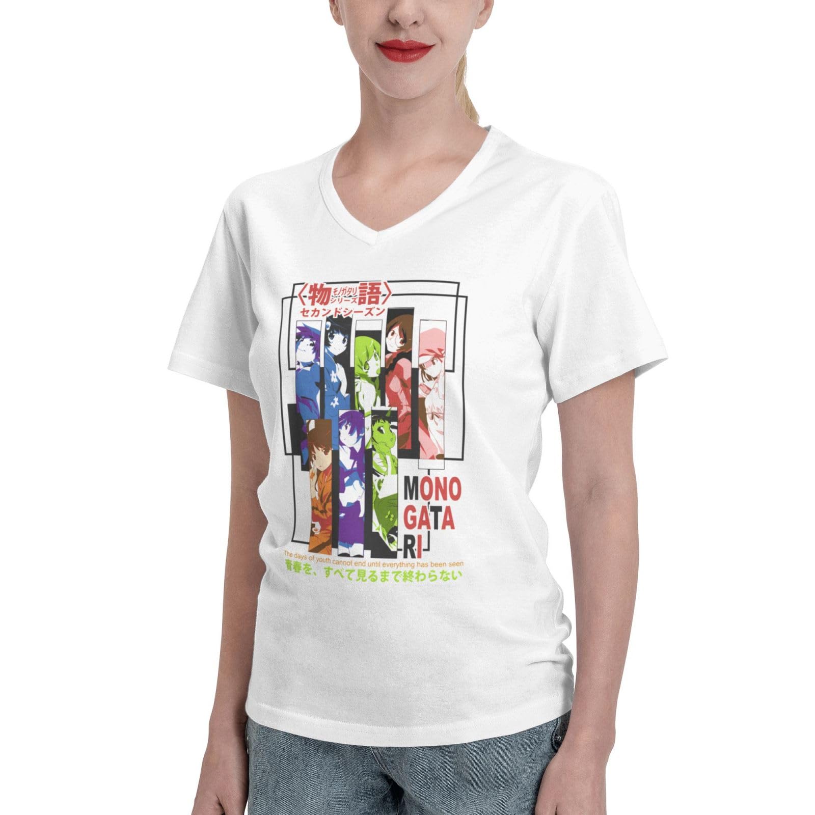 CAYREDAnime T Shirt Monogatari Series Womens V Neck Tee Summer Fashion Short Sleeves T-Shirts White Xx-Large