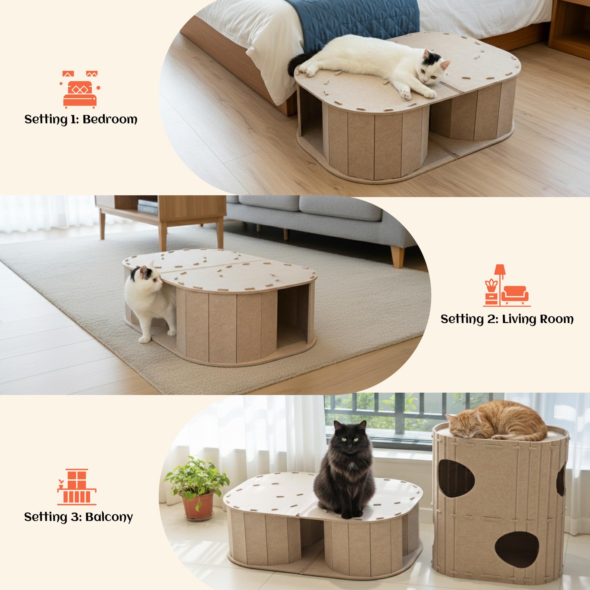 PETKARAY Großer Katzentunnel aus Filz, doppeltes S-förmiges Versteck für Indoor-Katzen, interaktives Katzenbett, Höhle und Versteck 86,4 x 57,9 x 25,9 cm, Beige