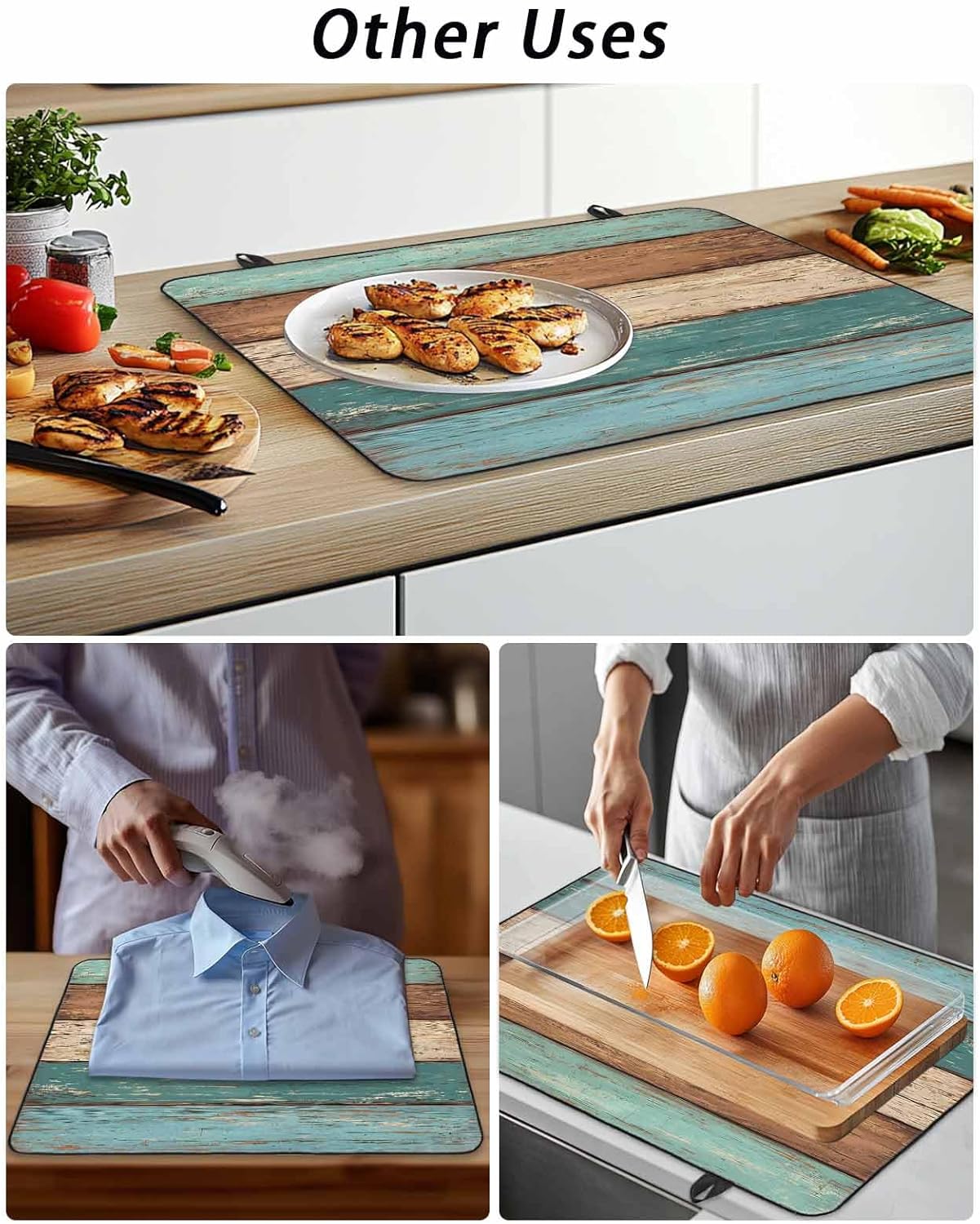 Stove Top Covers for Electric Stove 31x24 Inches,Turquoise Brown Retro HeatResistant Glass Cooktop Protector,Vintage Farmhouse Wood Grain Ceramic Stovetop Countertop Covers Mat,Distressed Oven Cover