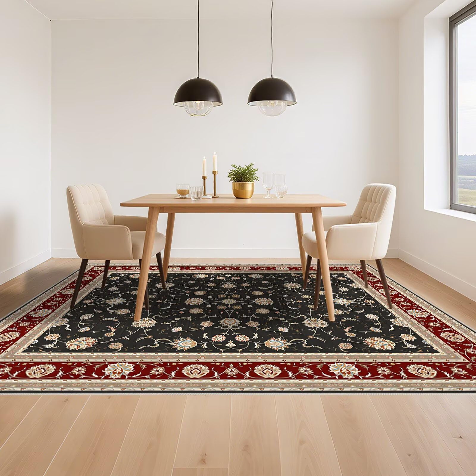 Anti Rutsch Teppich Bettvorleger Schwarz 190x270cm, Weicher Großer Rote Retro Blumen Muster für Büro Korridor