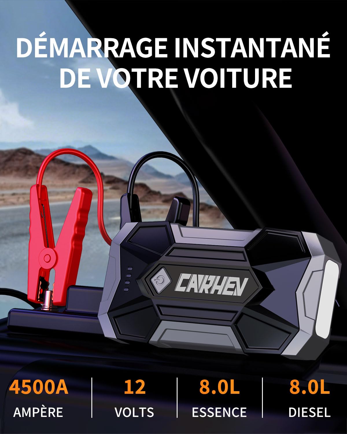 CARHEV Booster Batterie Voiture 4500A, 12V Démarreur de Batterie de Voiture (Jusqu'à 8.0L Essence ou 8.0L Diesel), Booster Batterie Moto, Car Jump Starter avec Pinces Intelligentes et lumière LED