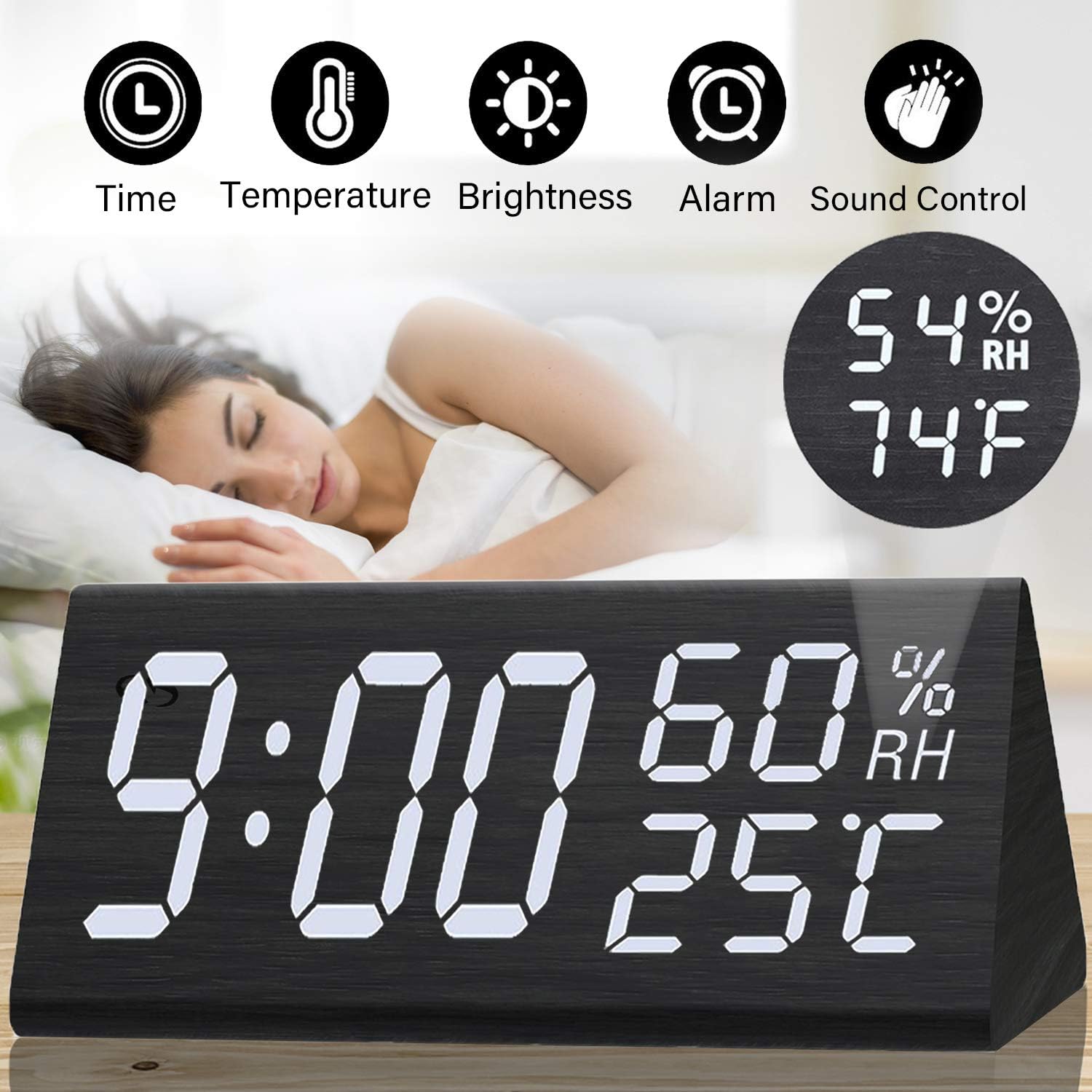 Duperym Wooden Alarm Clock-12H/24H Digital Triangular Clock Large Display with Temperature and humidity Sound Control weather monitoring Wake Up Clock for kids heavy sleeper Bedrooms Home Office Gifts