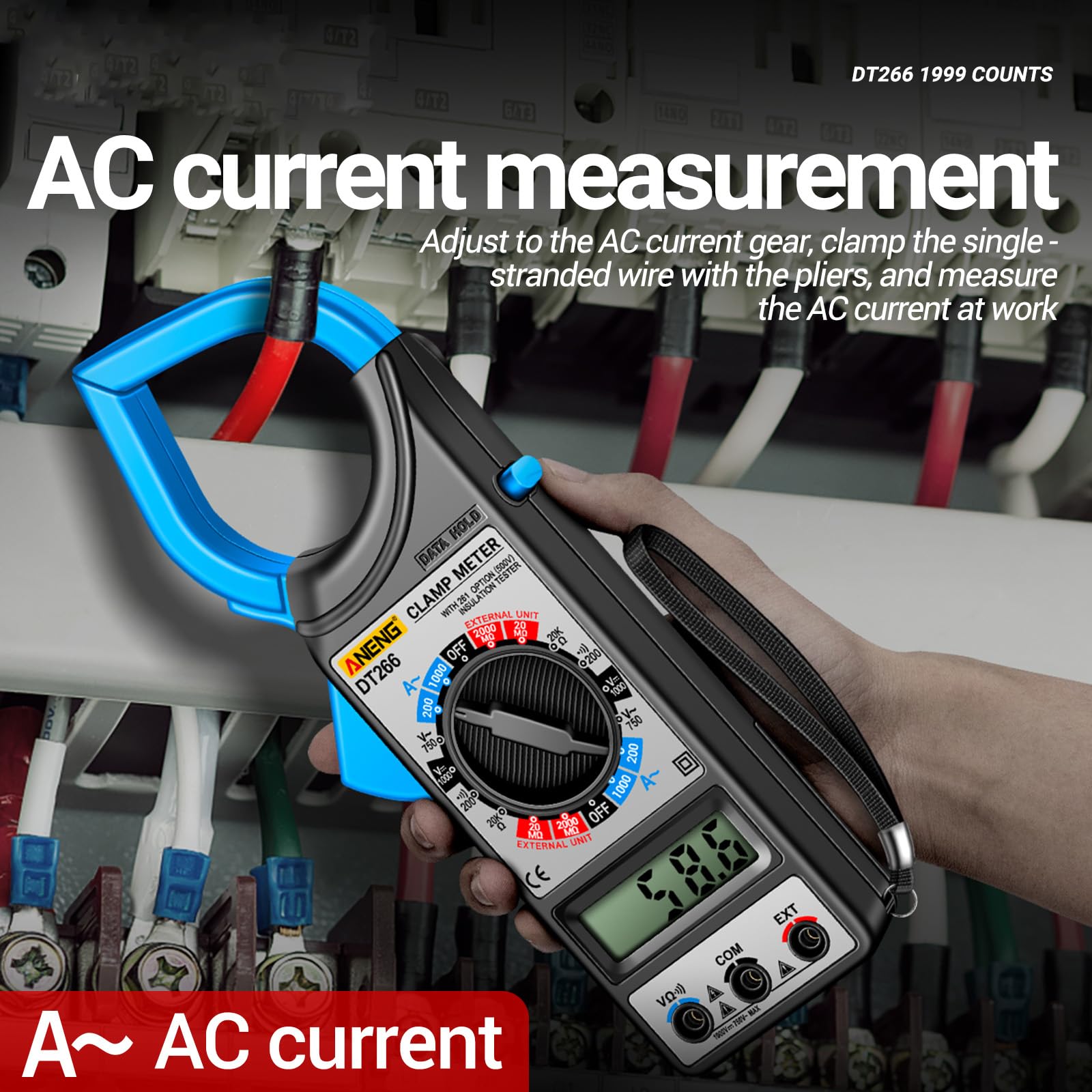 DT266 LCD 1999 Count Digital True RMS Professional Clamp Meter AC DC Current Voltage Tester Multimeter Pliers Ammeter with LCD Display (Blue)