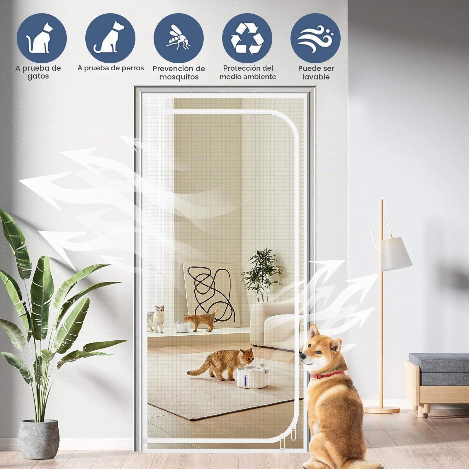 Puerta Mosquitera para Gatos Evitar Que los Cachorros y Gatos se salgan de casa, Pantalla a Prueba de arañazos con Cremalleras, Puerta Mosquitera Cortina para Balcón (100 * 210cm, Blanco)