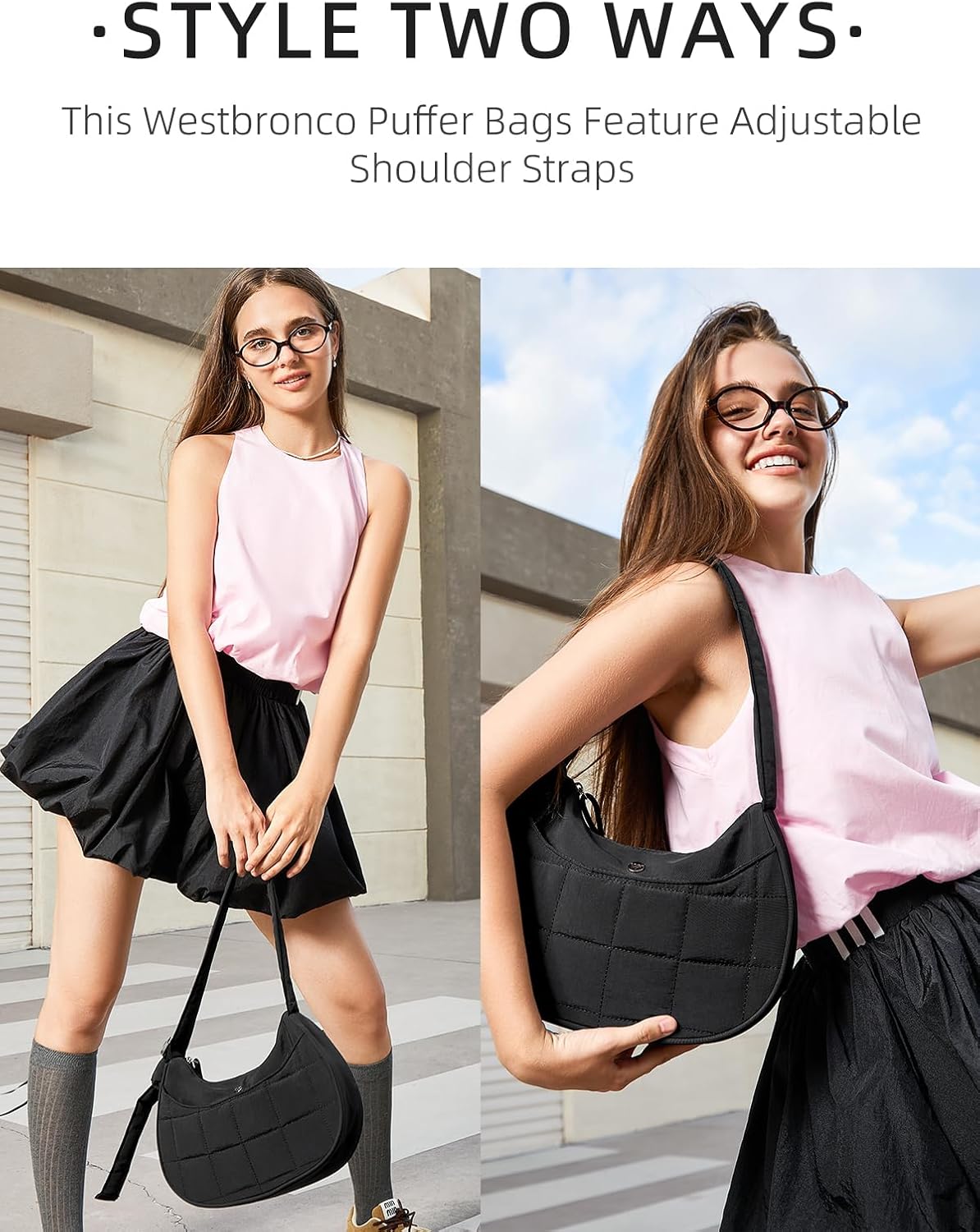 WESTBRONCO Puffer Crescent Shoulder Bags for Women Puffy Quilted Handbags, Nylon Shoulder Purse with Adjustable Strap - Image 2