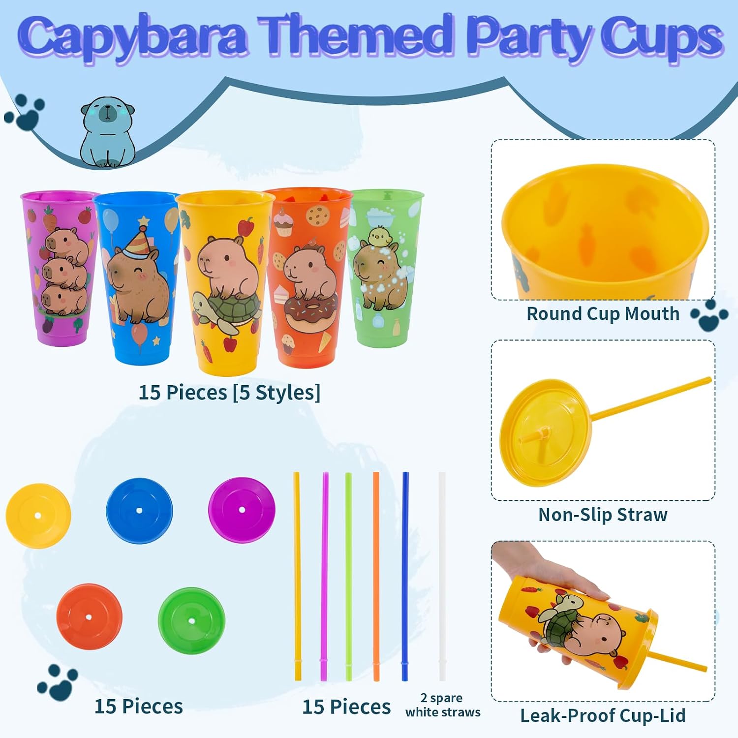 15 Pcs Capybara Party Favor Cute Capybara Party Cups with Lid Straw 24 oz Plastic Drink Cups Reusable Bulk Tumblers for Kawaii Animals Theme Birthday Supplies Gifts
