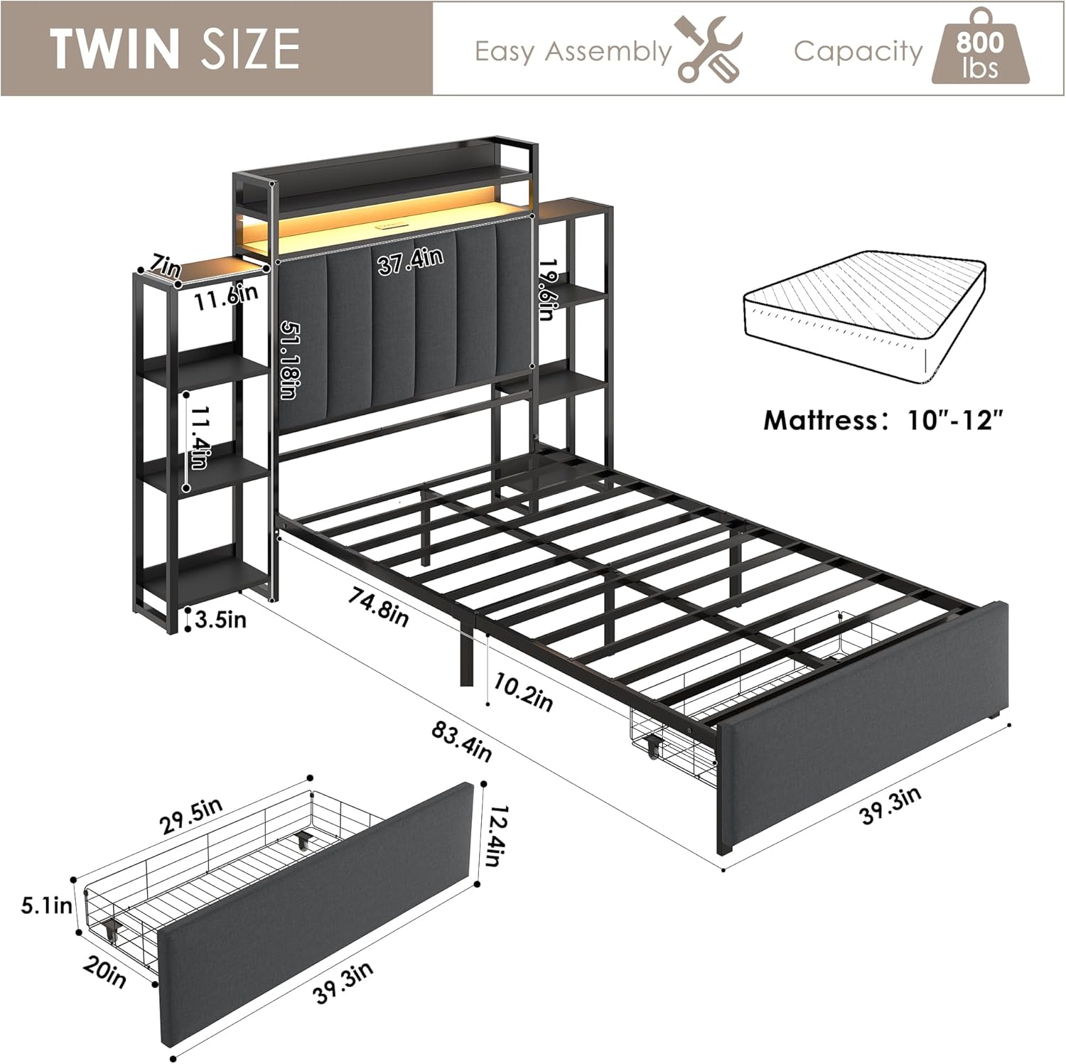 Keyluv Twin Bed Frame with Storage Headboard & Charging Station, Upholstered LED Platform Bed with Bedside Storage Rack & Drawer, Metal Slat Support, No Box Spring Needed, Linen Fabric, Black - Image 2
