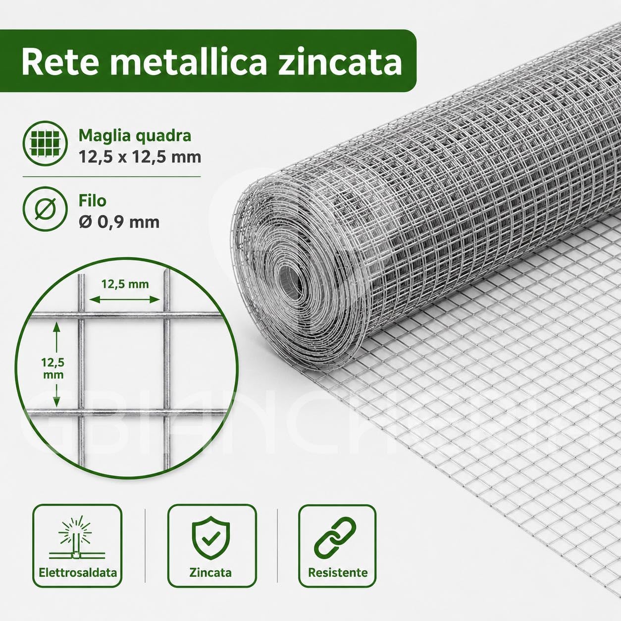 GBiancheria Rete Zincata in Rotolo Elettrosaldata a Maglia 12,5 x 12,5 mm, Filo 0,9 mm, Rete Metallica per Pollaio, Voliera, Orto, Giardino e Recinzioni (1,5 x 10 mt)