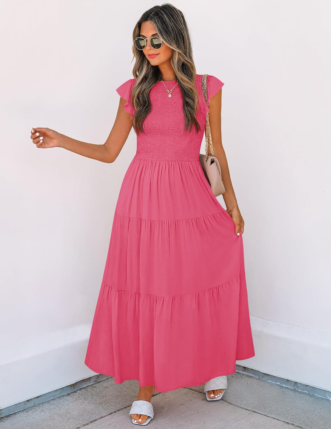 ZESICA Women's 2026 Summer Casual Flutter Short Sleeve Crew Neck Smocked Elastic Waist Tiered Midi Dress - Image 6