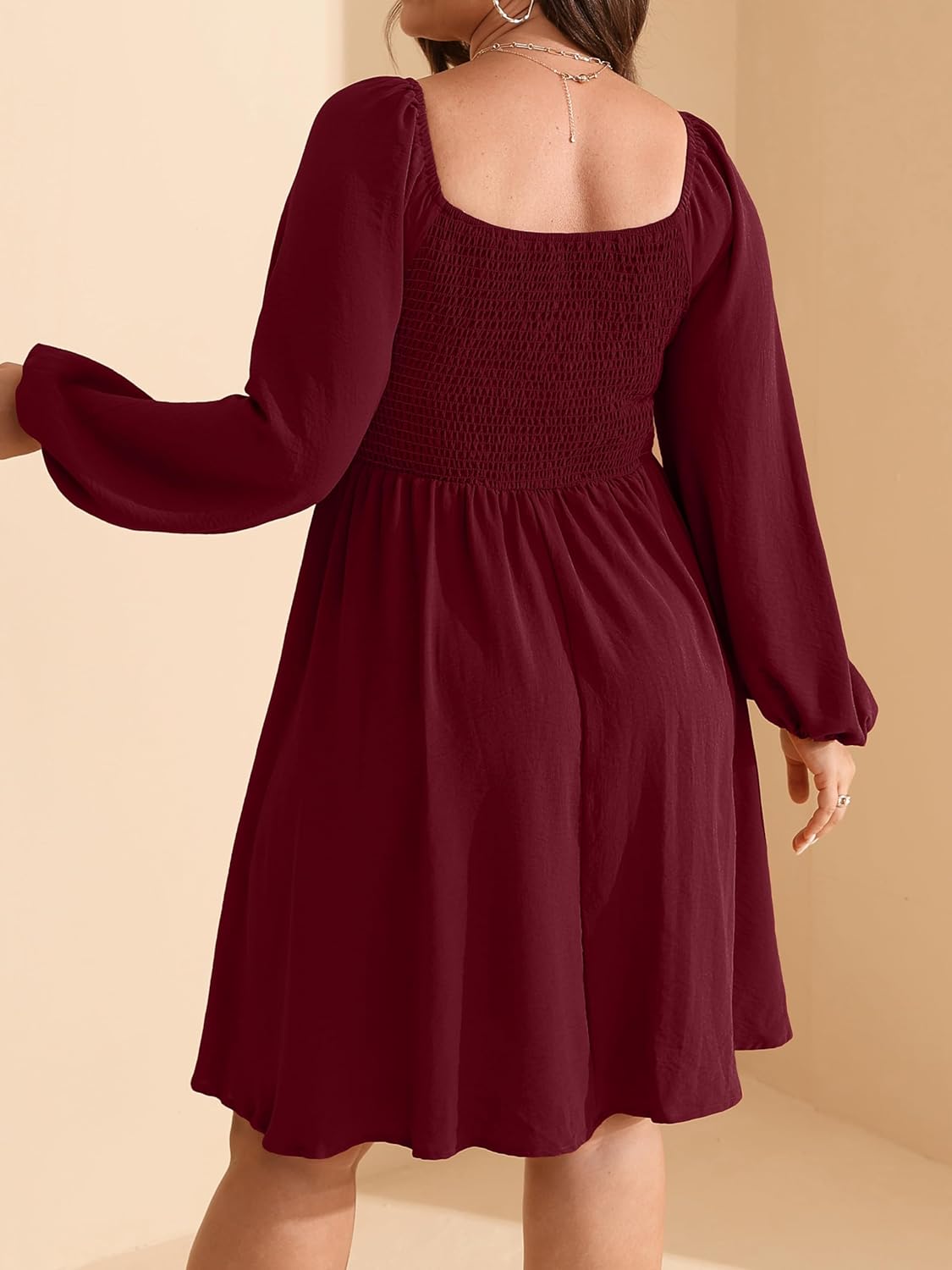 RWJ Womens Long Sleeve Mini Dress 2025 Fall Elegant Square Neck A Line Ruched Smocked Wedding Guest Party Plus Size Dresses - Image 7