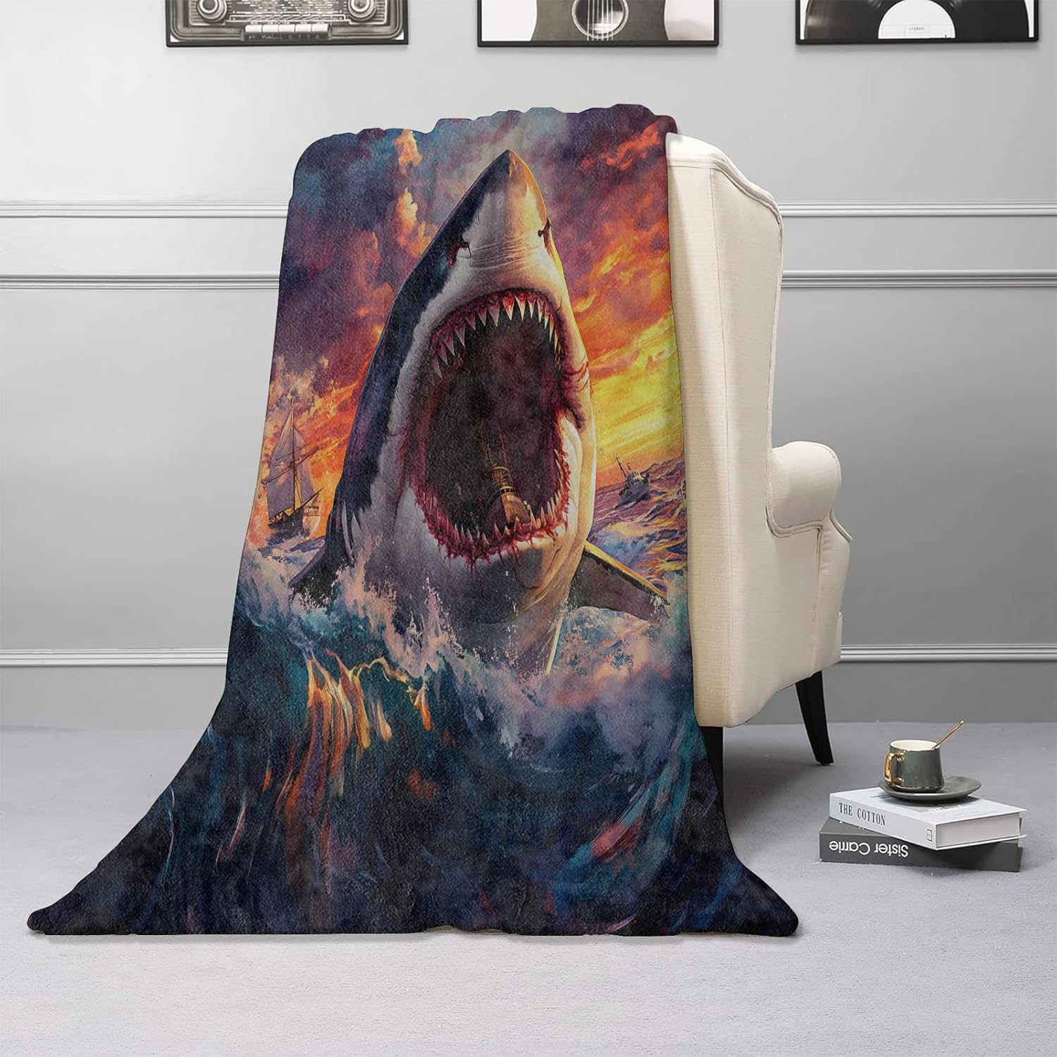 Ferocious Shark Blanket Warm & Cozy Flannel Throw Blanket - Soft Plush Lightweight Blankets for Travel, Sofa, Bedroom, Office, Home Decor for Adults Kids Women 60"×50"