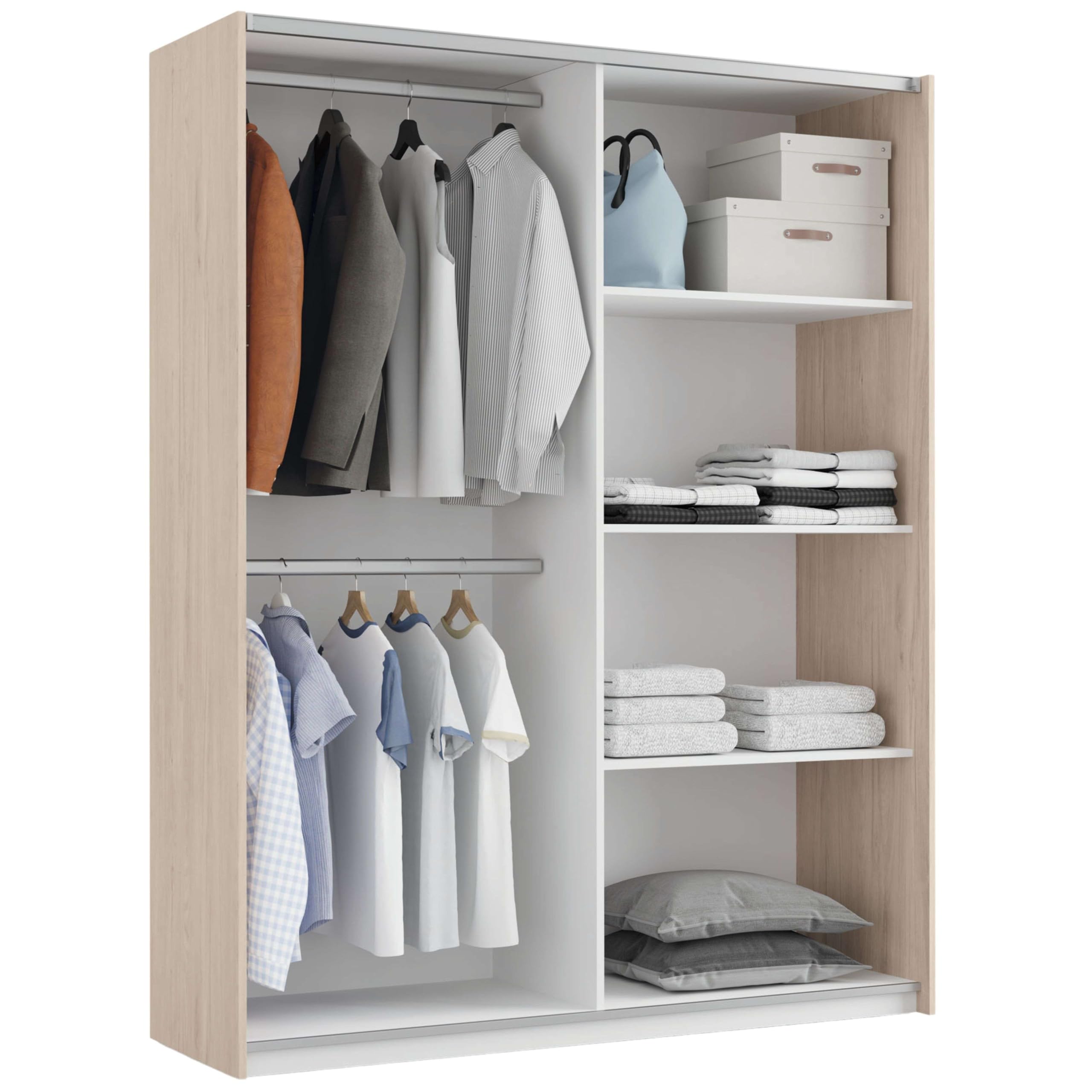 MUEBLES PITARCH | Armario Dormitorio Ropero 2 Puertas Correderas Perfil Aluminio 2 Barras, Blanco y Roble Aurora, 200x150x62cm (Alto x Ancho x Fondo), Moderno, Modelo Onix