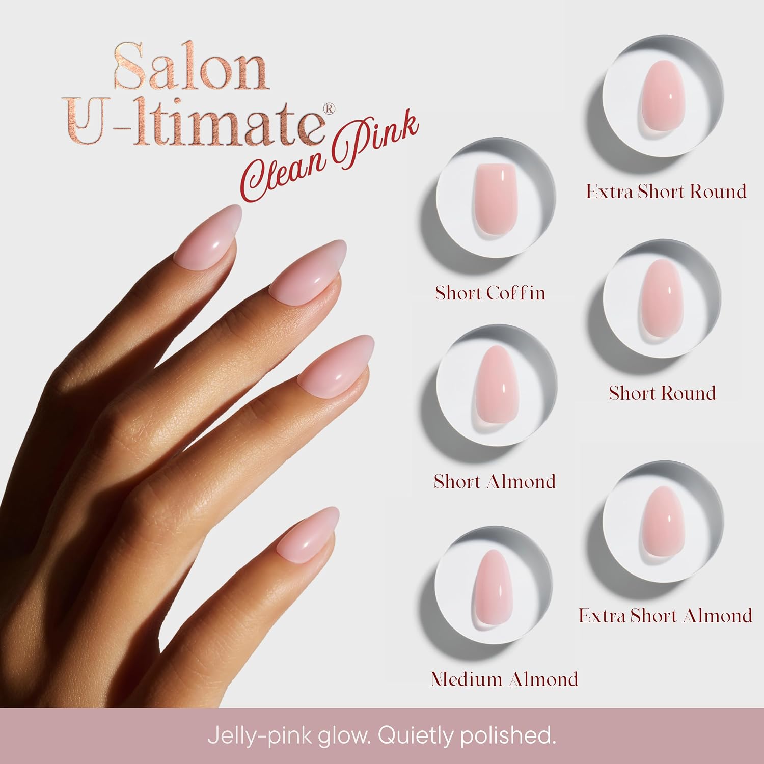 Celebritips Press On Nails - Salon U-ltimate™ | Clean Pink, Short Almond Nails, Reusable | 16 sizes - 32 Nails Kit with Glue and Sticky Tabs