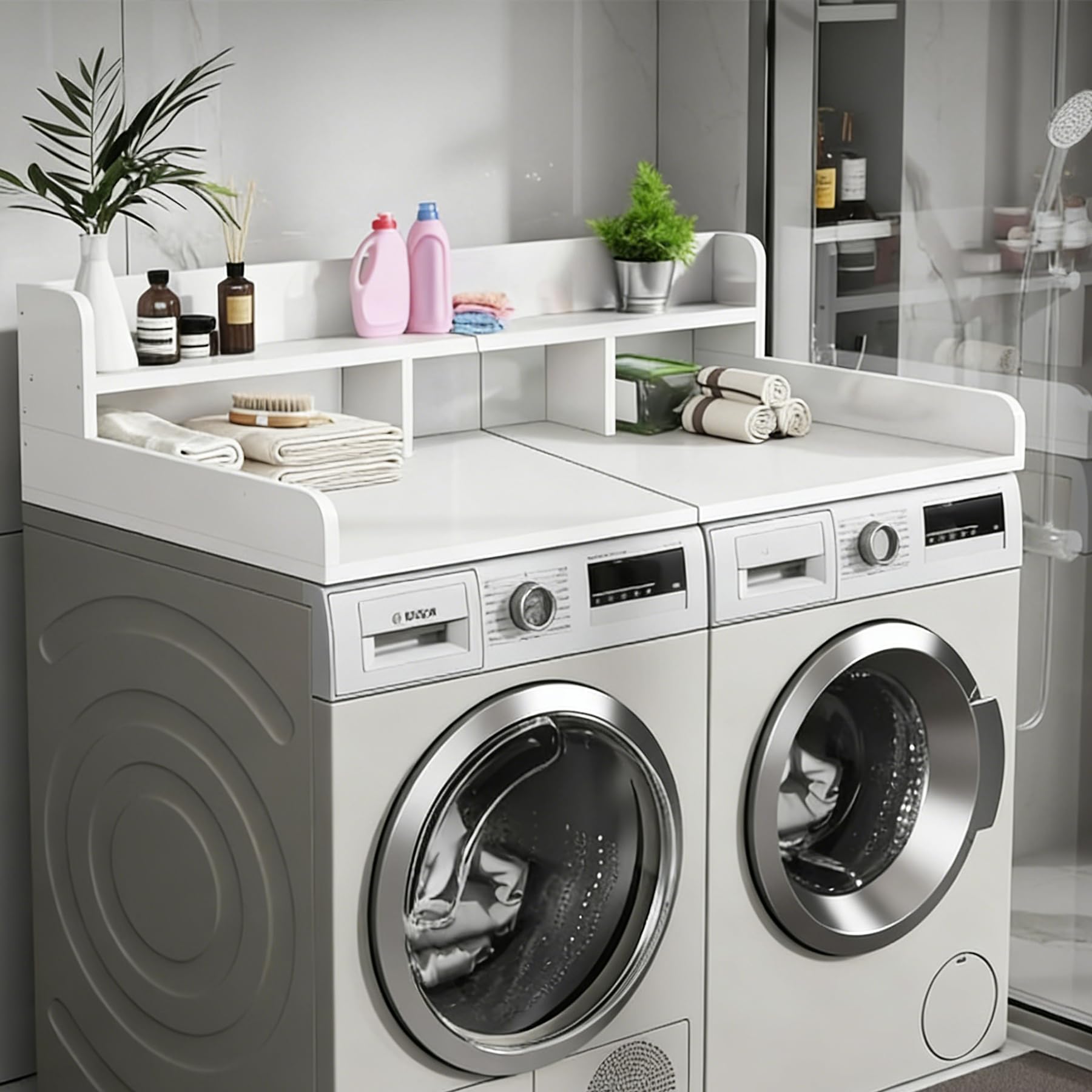 54" Washer Dryer Countertop –Double Layer Organizer for Washer and Dryer, Waterproof Surface &amp; Non-Slip Design (White)