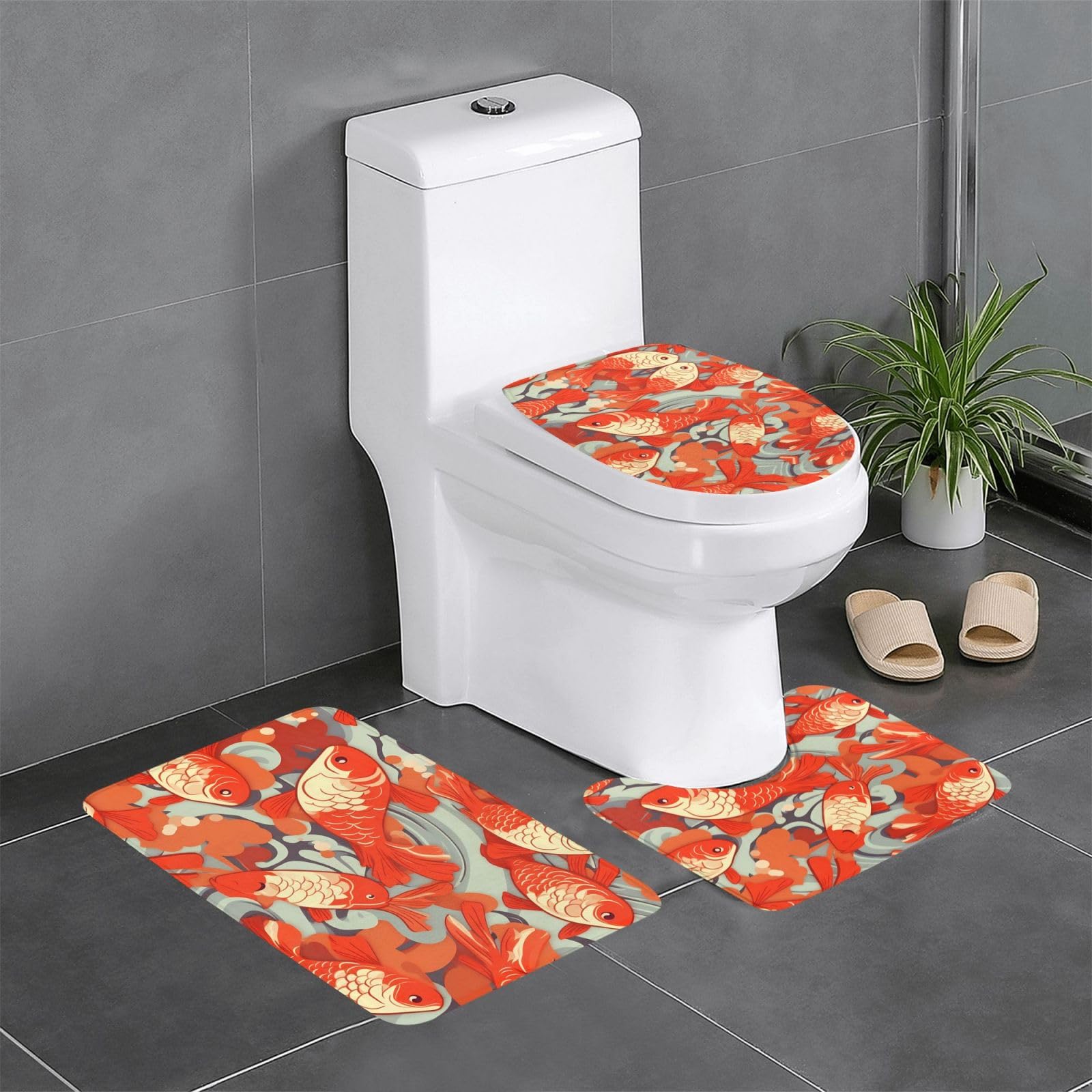 Tapis de salle de bain carpe rouge Auspicious lot de 3 pour toilettes et coiffeuse