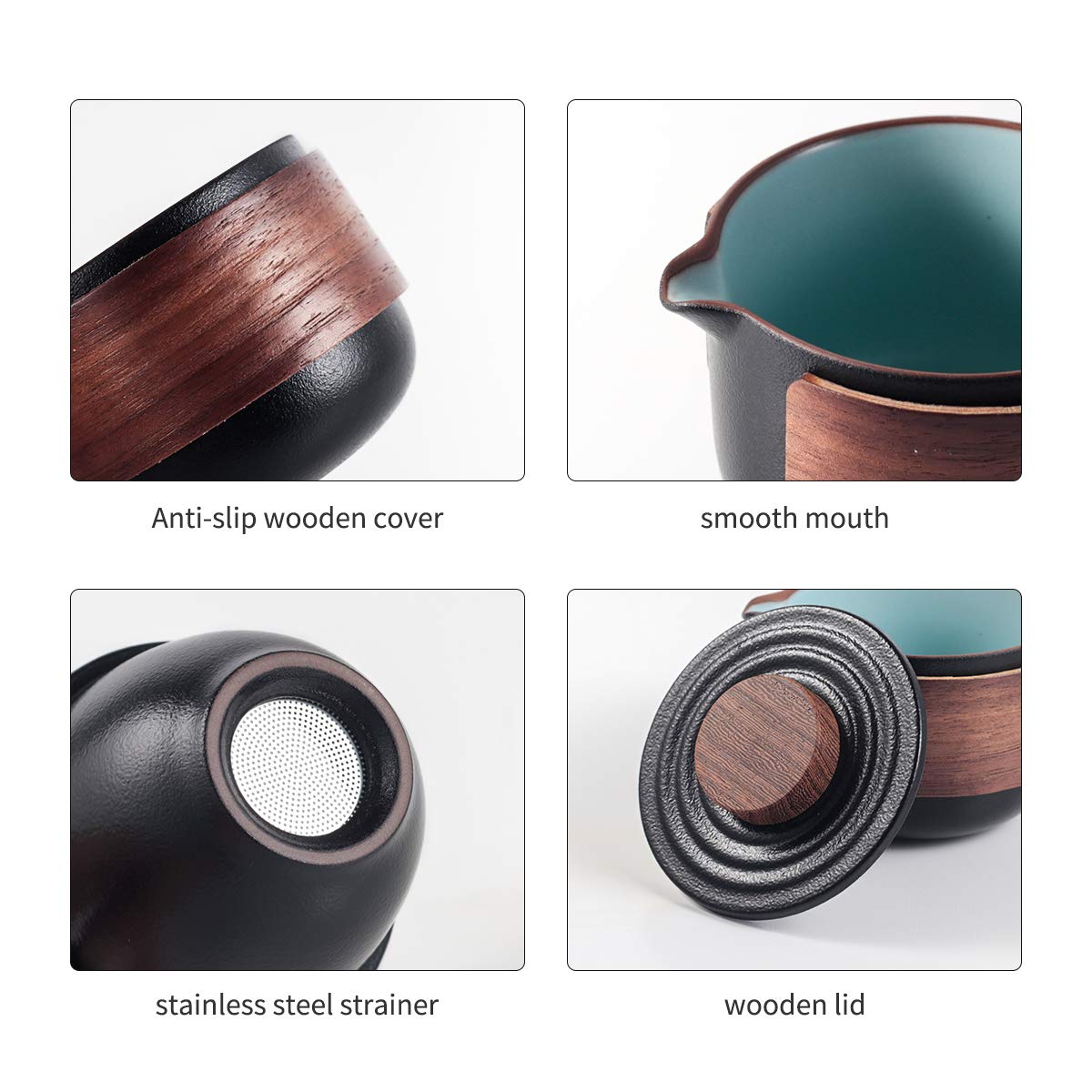 Set di mini teiera da viaggio in ceramica cinese per kung fu, 1 pentola, 2 tazze, tazze da tè in porcellana con infusore per tè, borsa portatile per picnic all'aperto (nero)