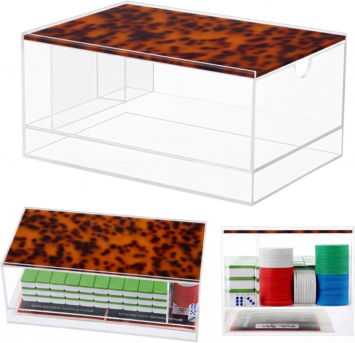Empty Acrylic Mahjong Case Mahjong Storage Box for American Tiles and Mahjongs Cards Transparent Display Box for Mahjongs Tiles Accessories Supplies (Large,Tortoise 4 Compartment)