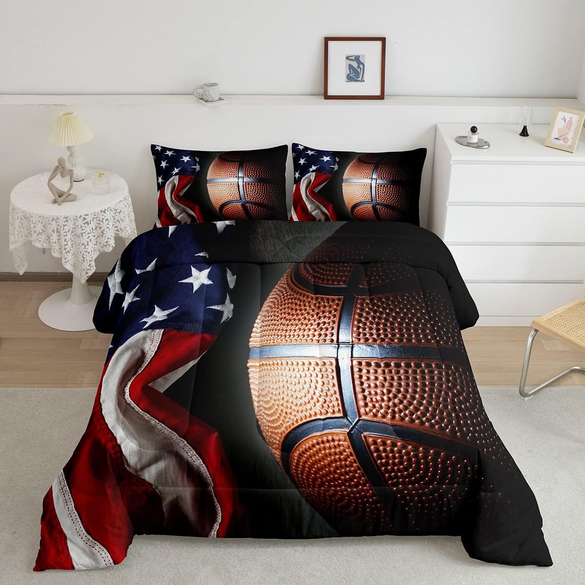 Castle Fairy Sports Basketball Comforter Set Twin Size,American Flag Print Quilt Set for Kids Boys Room Decor,Competitive Games Theme Microfiber Polyester Bedding Set with 1 Pillowcase