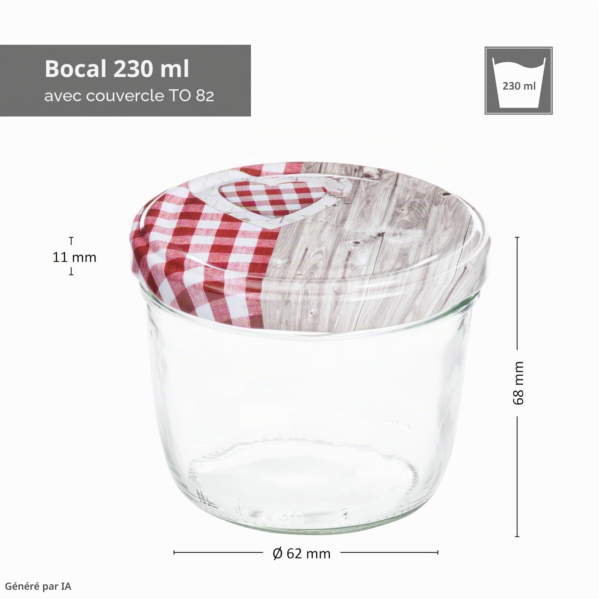MamboCat Lot de 100 bocaux en verre 230 ml, couvercle à visser, cœur en bois rouge à carreaux, livret de recettes inclus, pour faire des conserves