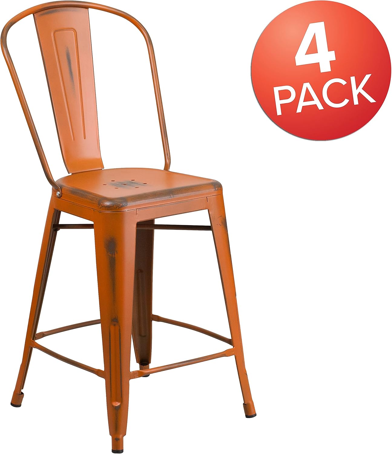 Flash Furniture Blake Commercial Grade 4 Pack 24" High Distressed Orange Metal Indoor-Outdoor Counter Height Stool with Back