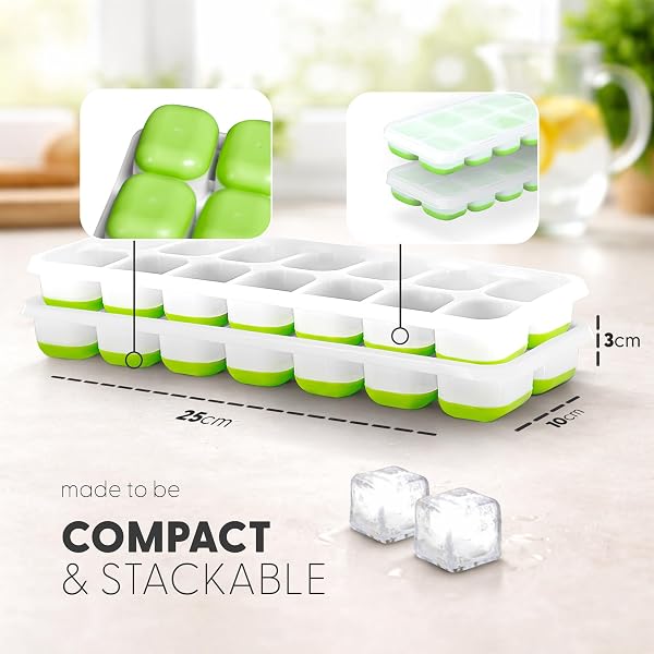 KEPLIN 2pk Silicone Ice Cube Trays with Non-Spill Lids, Easy to Remove Ice Cube Tray, LFGB Certified BPA Free, Flexible Silicone Ice Cube Moulds, Parties, Drinks, Cocktails & Frozen Liquids (Green) - 2
