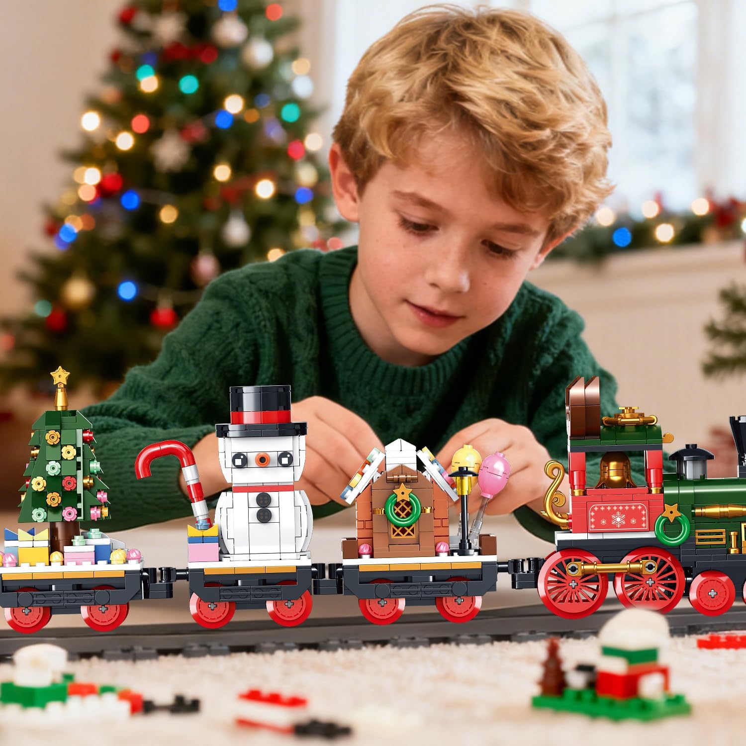 Christmas Train Building Toys Set with LED Light - Lego-Compatible 868pcs Model with Moving Coupling Rods & Working Wheels, Gingerbread House, Snowman Tree Carriages, Holiday Decor Xmas Ideas for Kids