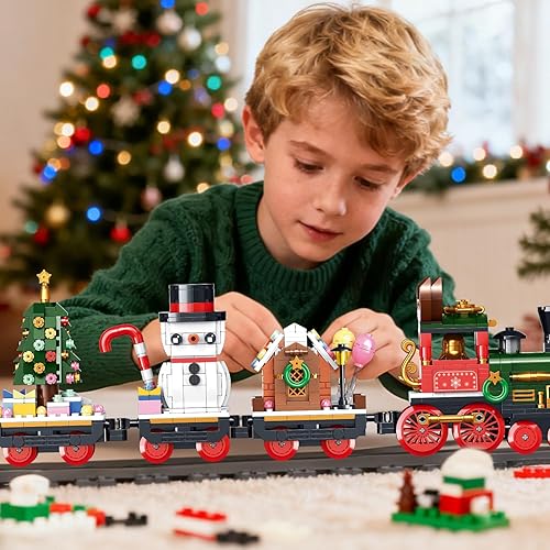 Miniatura 5 de Juego de juguetes de construcción de tren de Navidad con luz LED, modelo de 868 piezas con varillas de acoplamiento móviles y ruedas de trabajo,