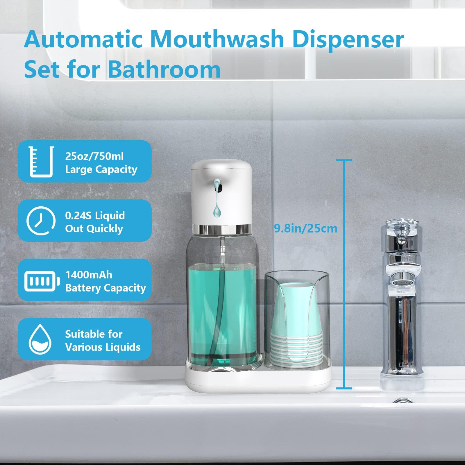 Dispensador de enjuague bucal eléctrico con niveles de líquido ajustables, diseño recargable para encimera de baño, organizador de tazas