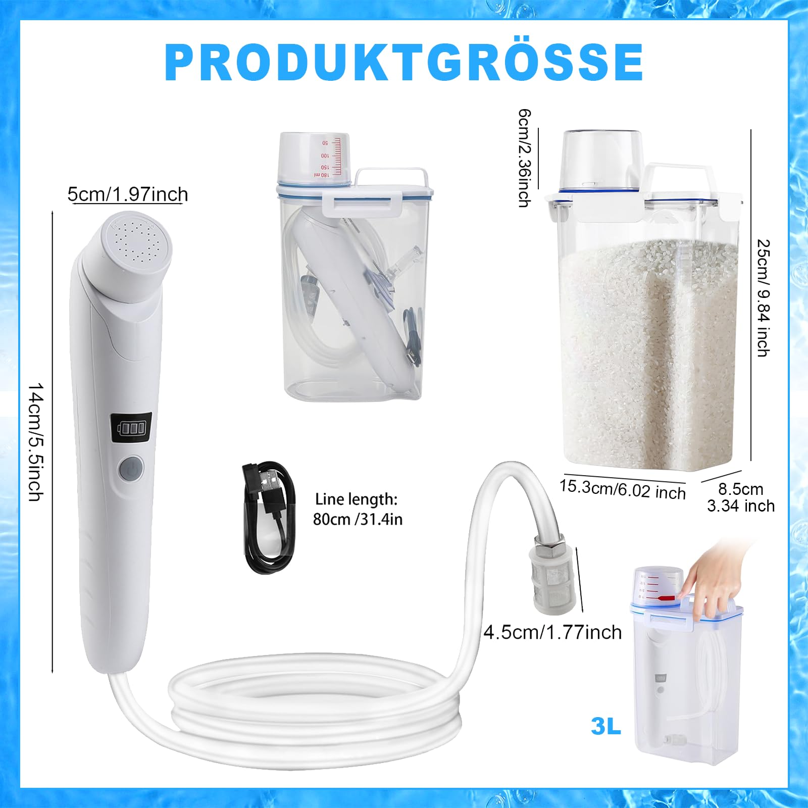 Bidet portatile per doccia, da viaggio, elettrico, portatile | Bidet elettrico (5 x 14 cm) con serbatoio dell'acqua da 3 l e batteria USB, doccetta da viaggio per campeggio, viaggi, bagno