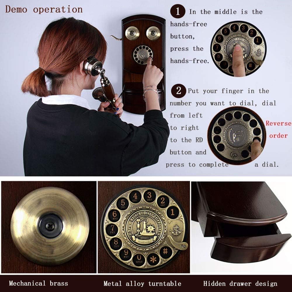Retro Landline Phone Antique Wall Mounted Corded Phone Retro Deluxe Telephone Landline Telephone Handsfree and Redial Cafe Bar Window Decoration (Luxury)