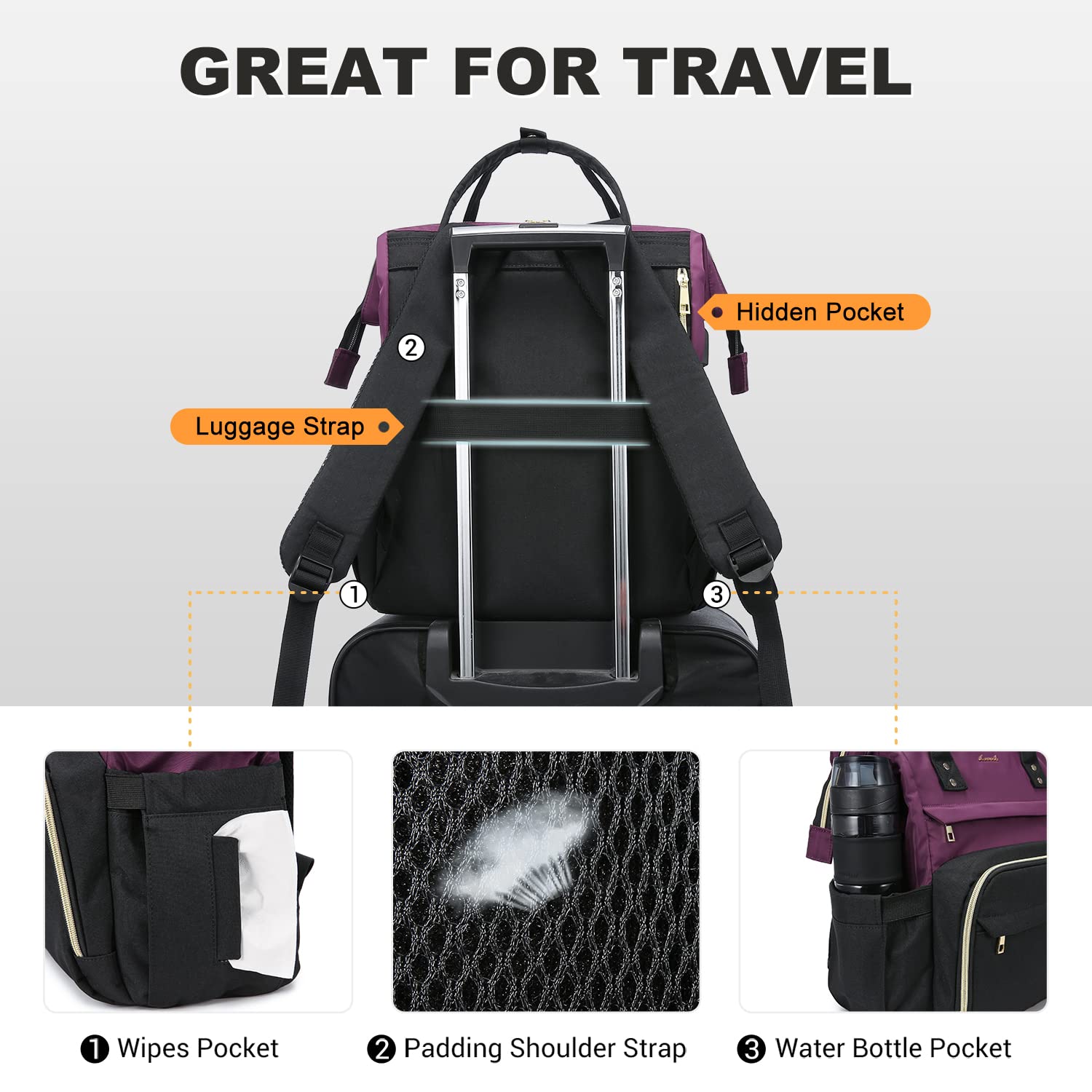 LOVEVOOK Zaino Donna Zaino per PC Portatile 15.6 Pollici, Zaino Porta PC Impermeabile, Viola scuro e Nero