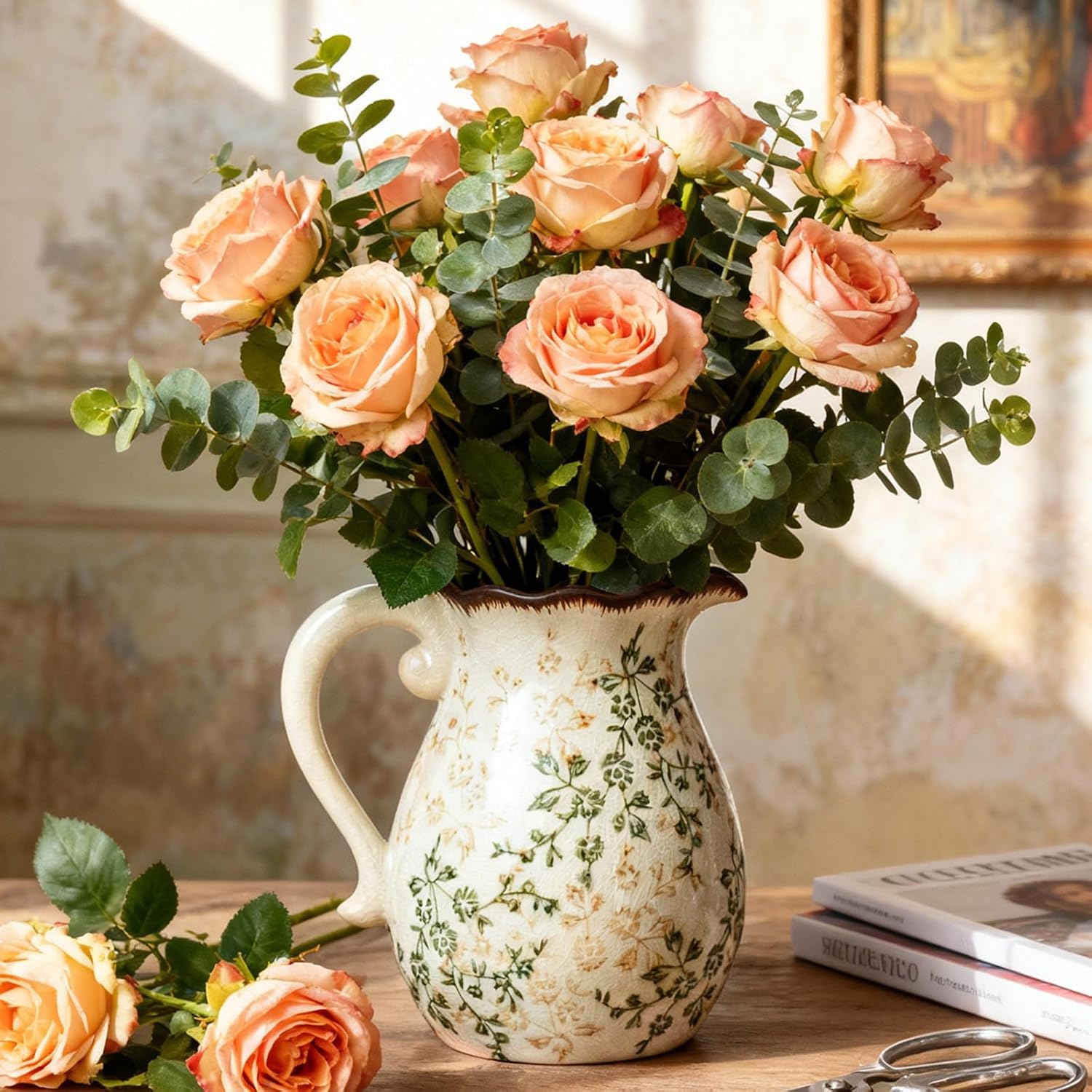 Green and Beige Vintage Vase with Handle, Ceramic Floral Pitcher Vase, Farmhouse Decorative Large Vases for Bouquet, Home Décor, Kitchen, French Country, Chinoiserie, Tuscan Decor, 8.3 Inch - Image 8