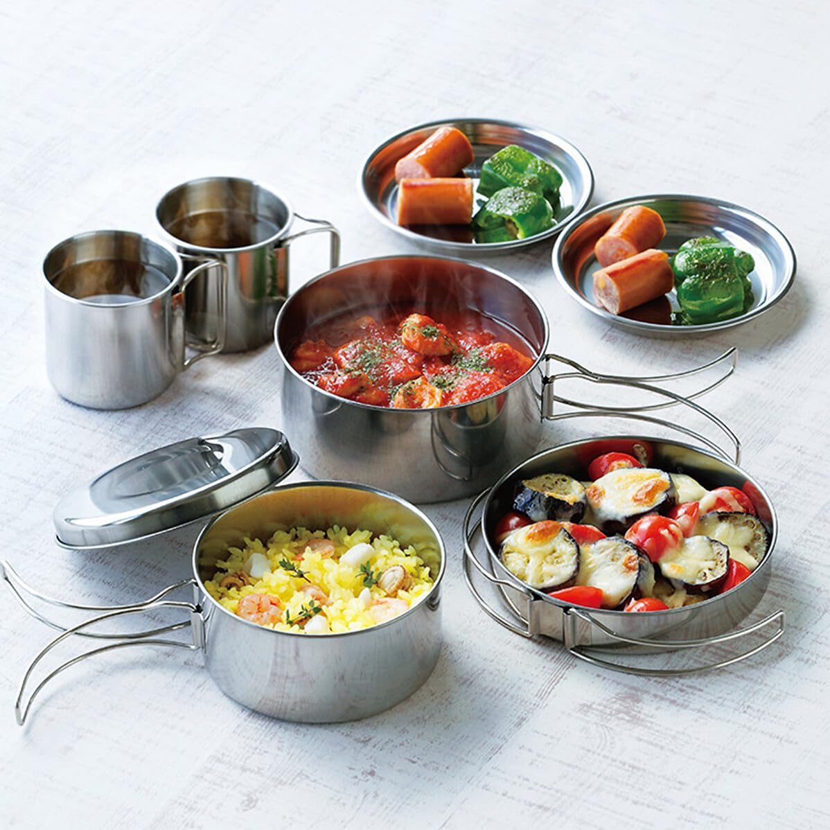 Zerodeko Ensemble Cuisine de Camping en Acier Inoxydable Poignées Pliables, Multi-Fonction, Comprenant Casserole, Poêle, Assiettes et Tasses pour Randonnée et Pêche