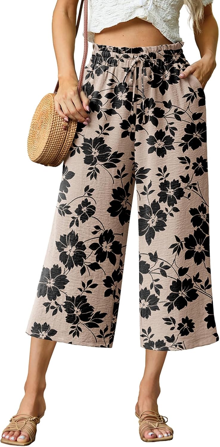 Capri Pants for Women High Waisted Wide Leg Casual Lounge Pant Summer Capris Adjustable Drawstring with Pockets