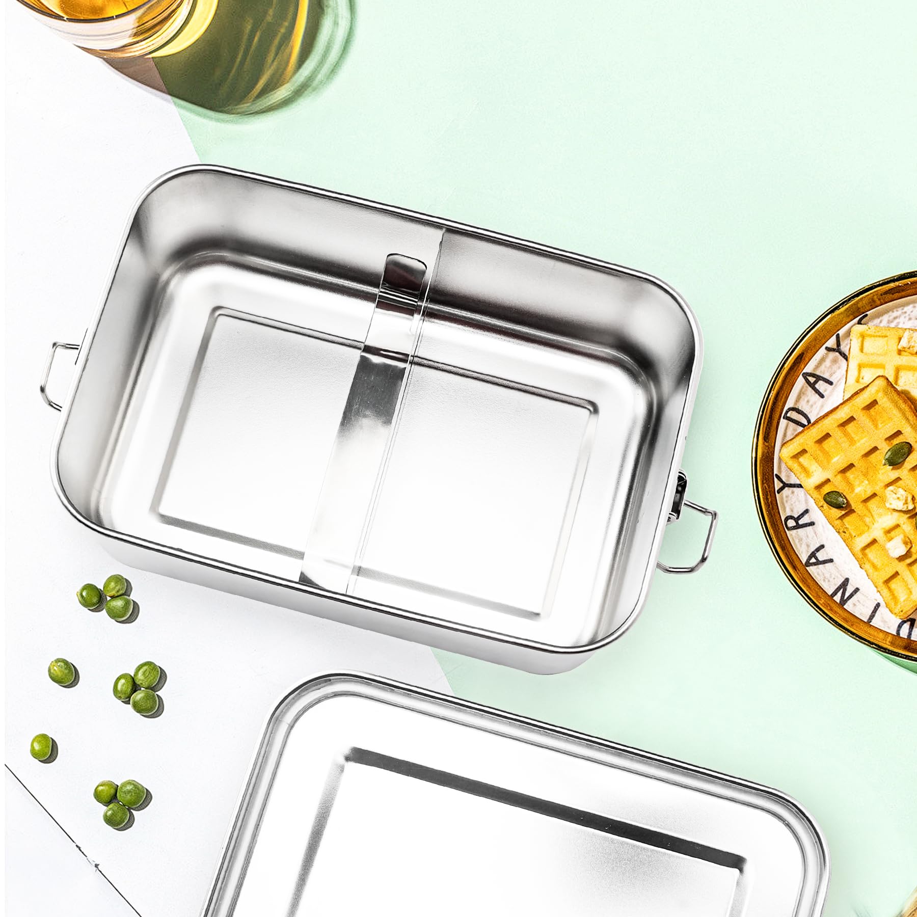 Boîte à repas Bento en acier inoxydable – Grande boîte à bento en métal de 1 332,4 g – 2 compartiments avec clips de verrouillage – Passe au lave-vaisselle – 1400 ml