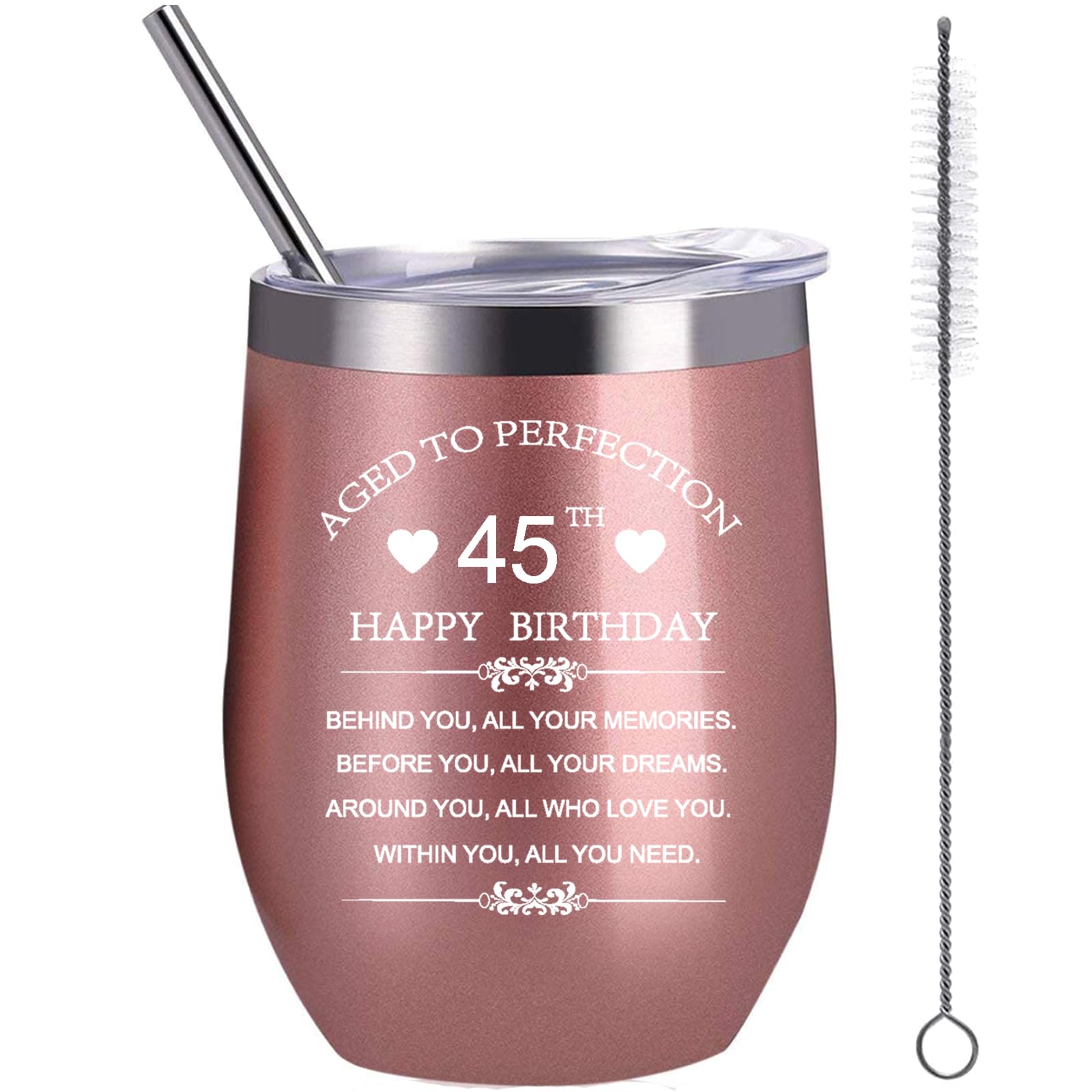 landskykit Inspirational 45th Birthday Gifts for Women Men 12oz Rose Gold Stainless Steel Wine Tumbler Cup Behind You All Your Memories Before You All Your Dreams 1981 45 Years Old Present (45th)