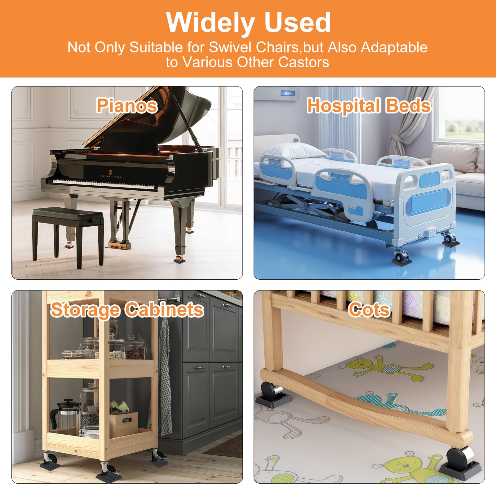 4 Pezzi Coppe Bloccaruote in Gomma per Mobili, 8CM Quadrato Scanalato Design Blocca Ruote Sedia Gaming, Piano Caster Cups, Silenziosi Cuscini per Ruote Mobili, Letti, Divani e Sedie (Nero)