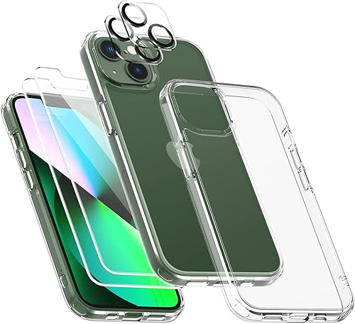 HATOSHI Funda para iPhone 13, con 2 protectores de pantalla de vidrio templado + 2 protectores de lente de cámara, funda delgada a prueba de golpes