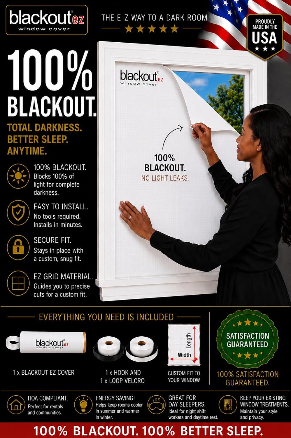 Total Sunlight Blocking Window Cover - Complete Light Block -New EZ Grid™ Material, Small - Customizable to (36" x 48") White in/White Out - Made in USA