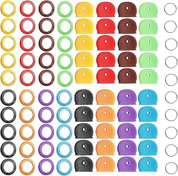 90 PCS Keys Covers Set Including 40 Plastic Caps, 40 Round Flexible PVC Key Tags & 10 Key Rings, 8 Assorted Colours for Easy Identification