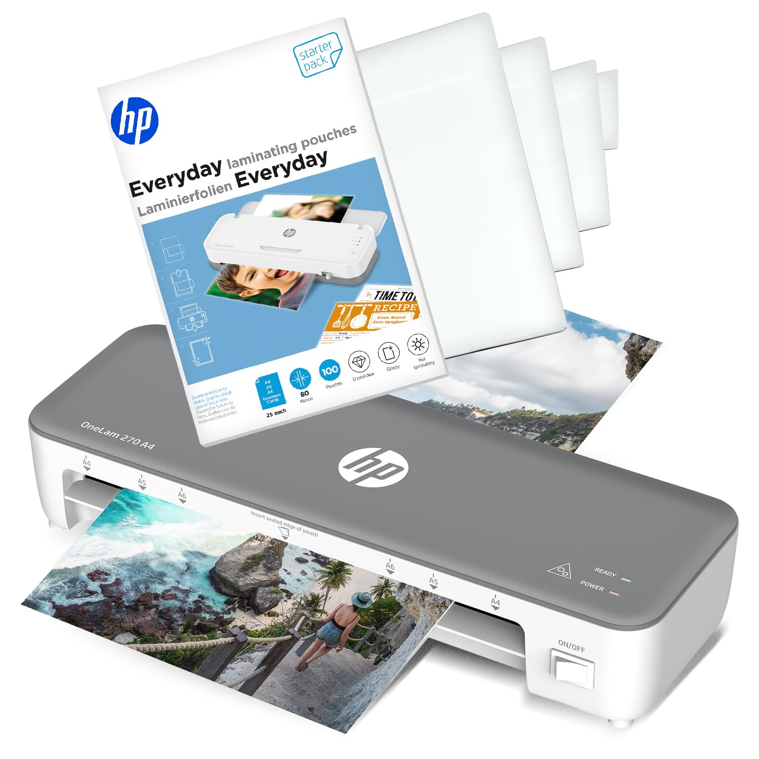 HP OneLam Plastifieuse A4 270 (plastification à chaud) avec films de plastification HP Everyday Kit de démarrage 80 microns composé de 100 feuilles A4/A5/A6 et cartes de visite