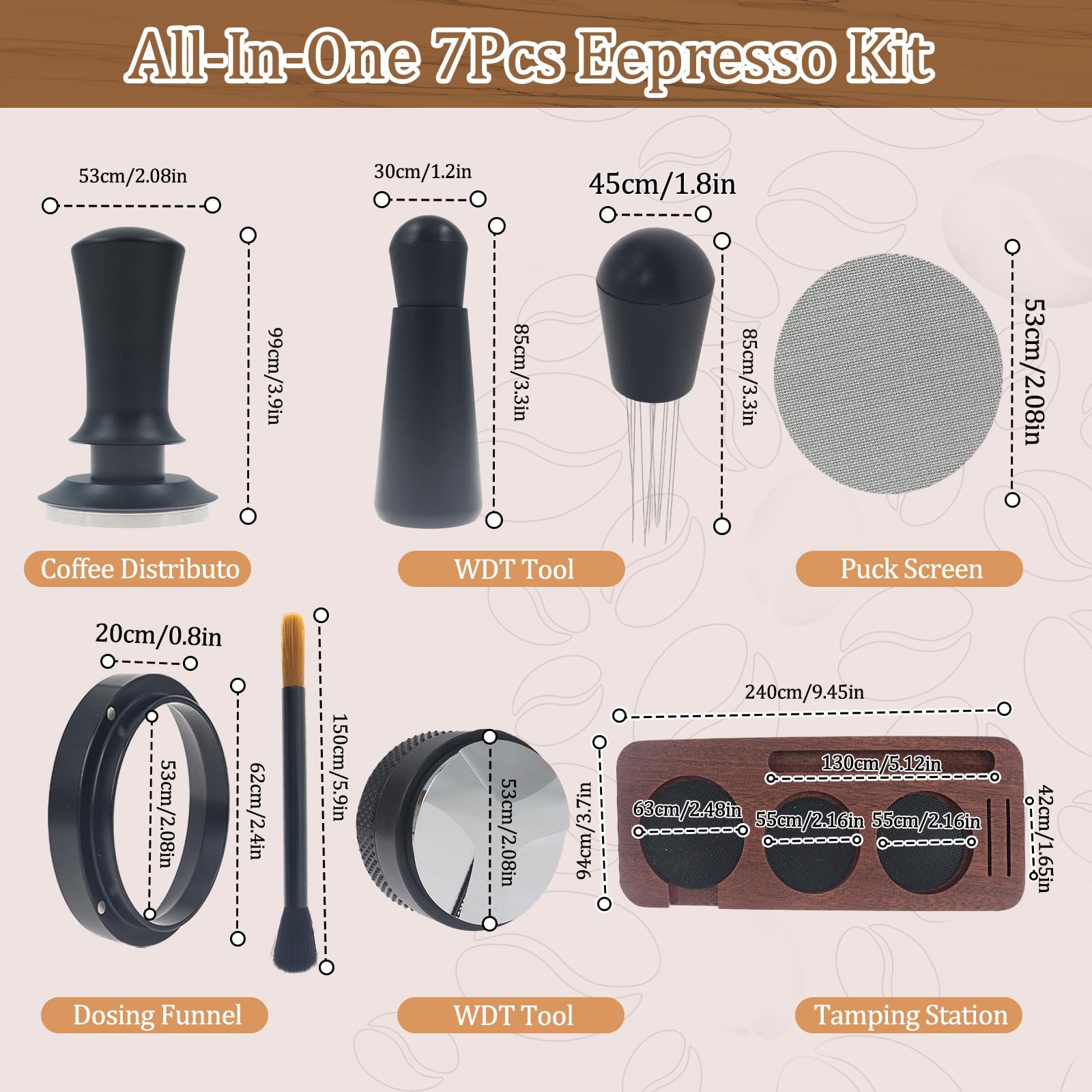 Kit Barista de Café de 7 Piezas con Tamper de 54 mm y Prensado de Estación | Incluye Distribuidor, Herramienta WDT, Embudo Dosificador, Cepillo y Puck Screen, Accesorios para Preparar Espresso