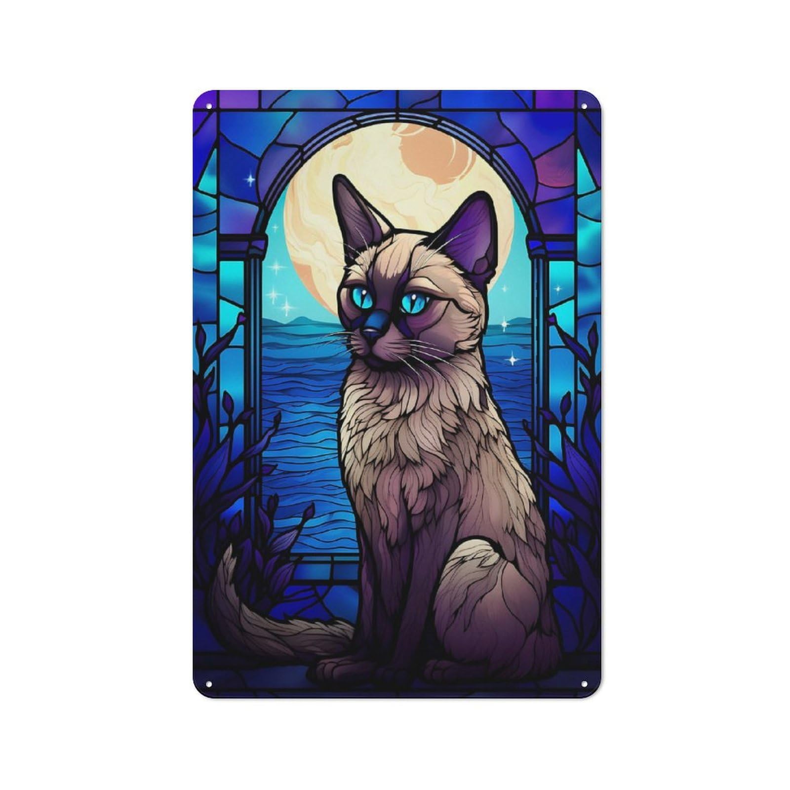 Junmoney Balinese Cat Abstract Stai Printed Metal Sign 30X20cm For Living Room Or Hallway, Suited To Hallway Decor Fans
