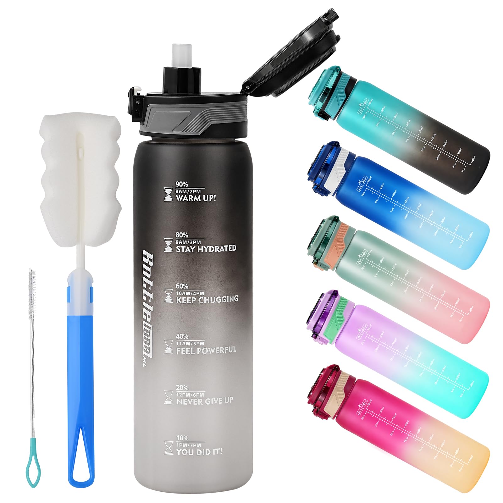 Youngclue Boys 2-Black White 1L Water Bottle With Straw,Sports Drinks Bottle Leakproof,1 Litre Water Bottles With Time Markings Bpa Free, Girls Adults Water Bottles For Gym,Office, Travel,Cycling (2-Black White)