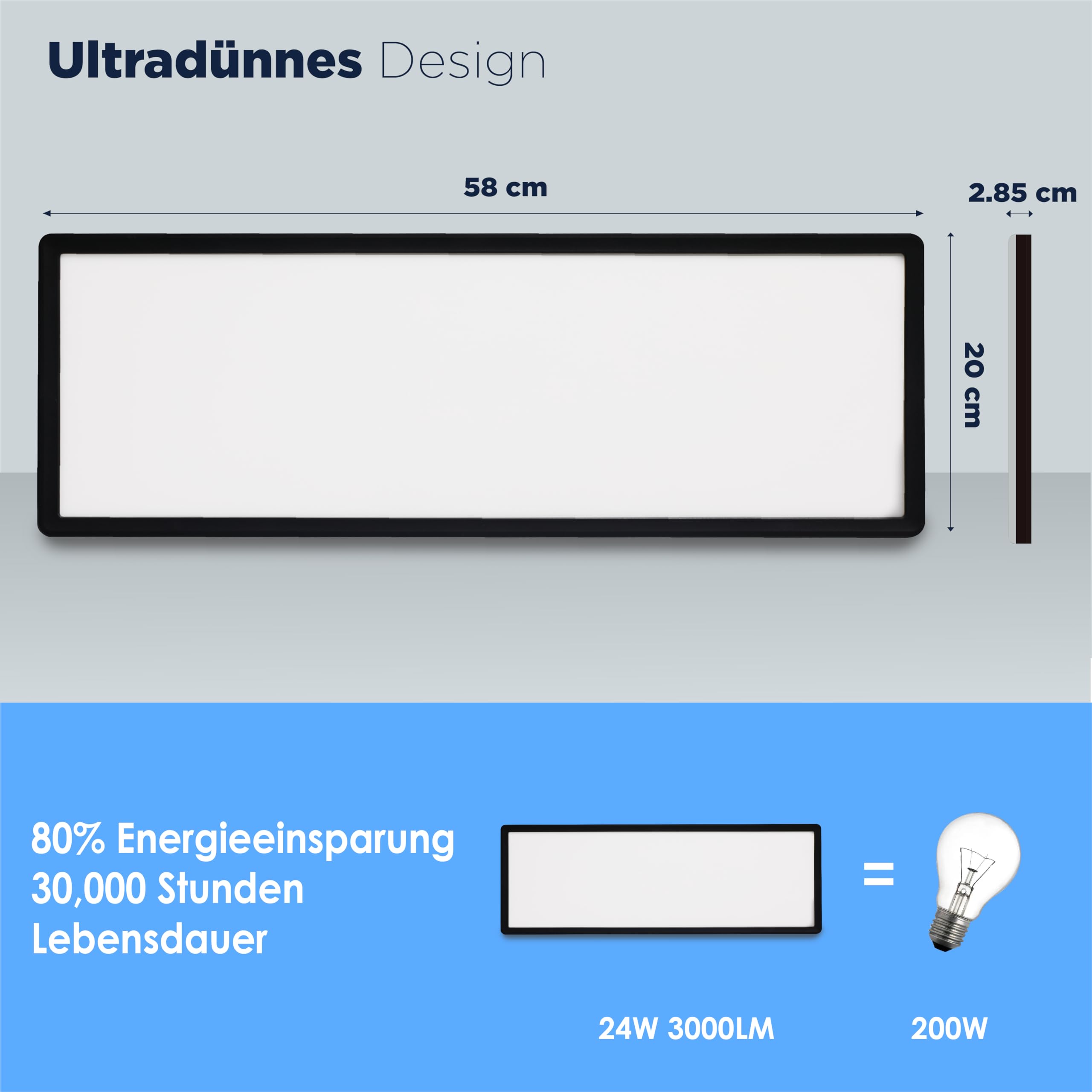 BestLuz LED Plafonnier Plat Rectangulaire 58x20CM 24W 3000LM Trois Niveaux Gradation Noir LED Panneau Blanc Neutre 4000K Avec Effet de Rétroéclairage Salle de Bains Chambre Salon Cuisine Ultra Mince