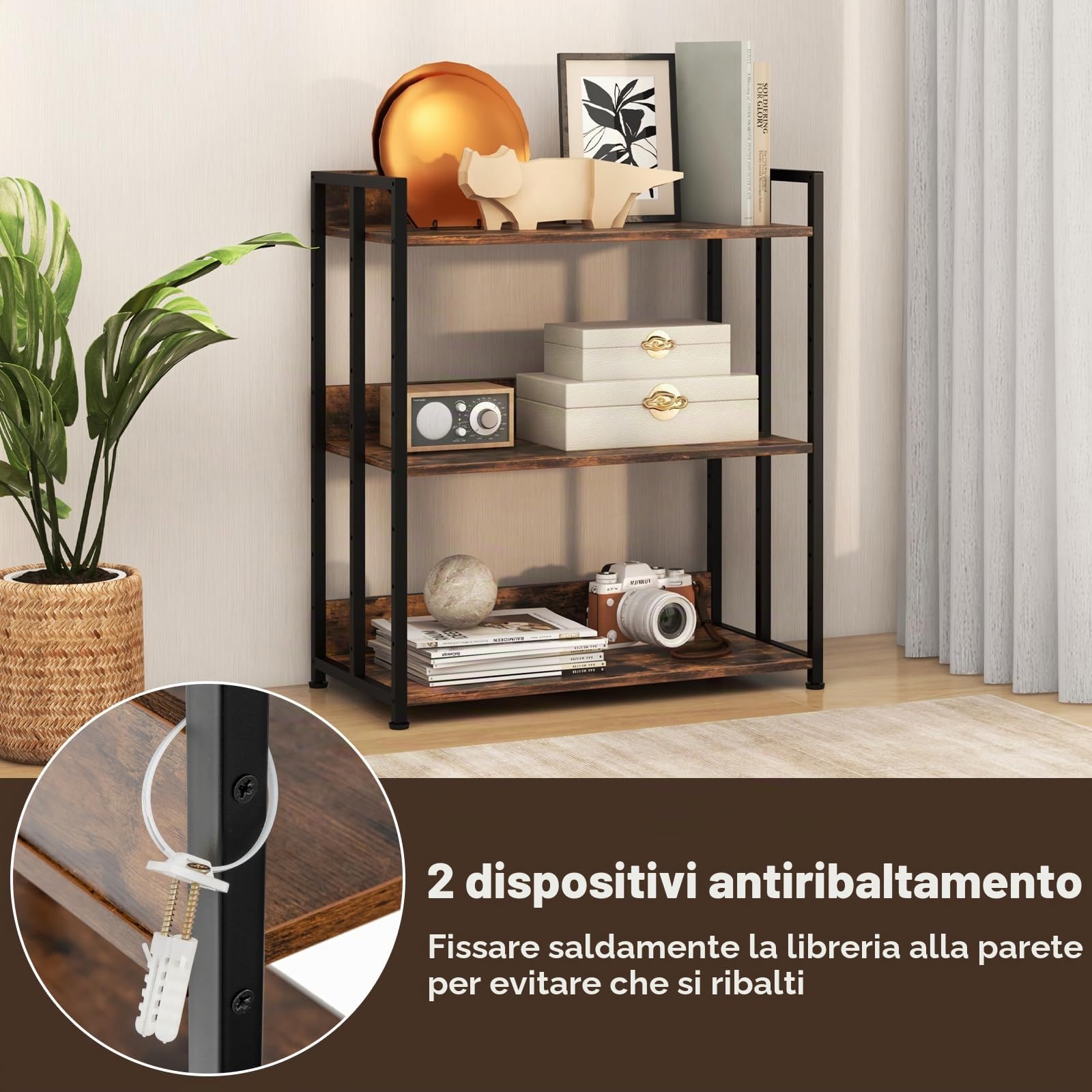 GIANTEX Libreria Scaffale Industriale 3 Ripiani Regolabili con Alette di Protezione, Scaffale Libreria Portaoggetti in Telaio in Metallo, Mensola Multifunzione, 2 Colori, 70 x 35 x 81 cm (Marrone)